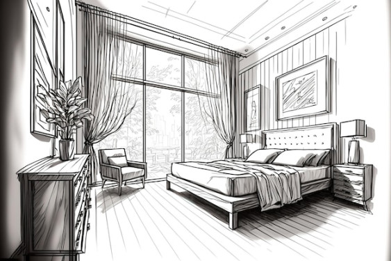 Abstract bedroom interior design sketch  Premium AI-generated image