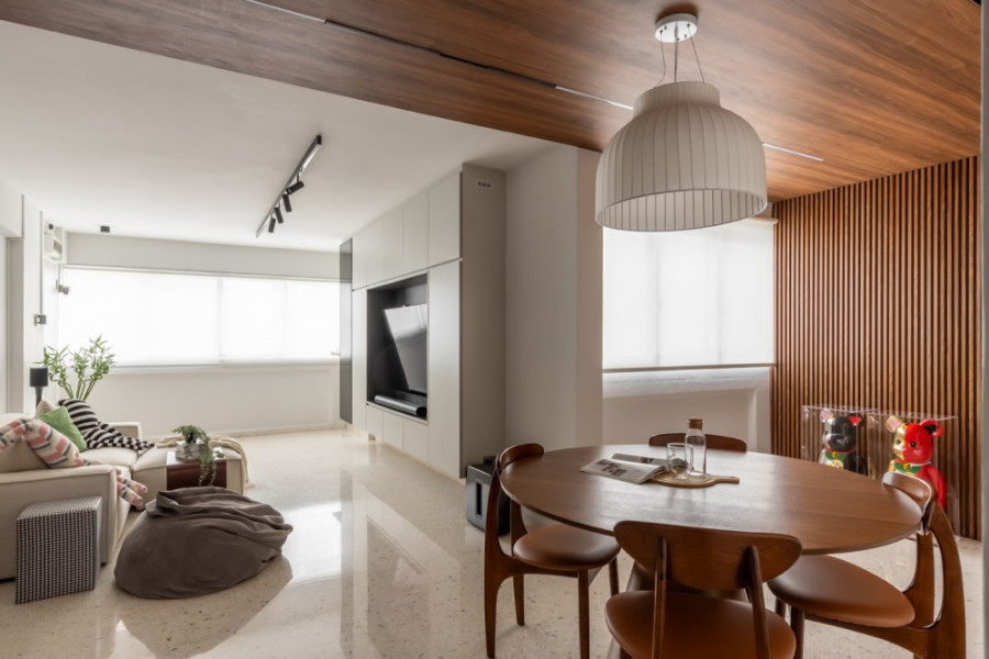 asian living room with feature wall and roller blinds - Hometrust