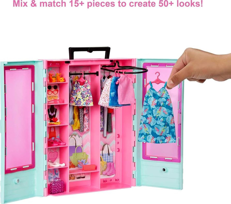 Barbie Closet Playset with  Outfits,  Pairs of Shoes,  Purses, Necklace  and Sunglasses Accessories,  Hangars, Gift for  to  Years Old [Amazon