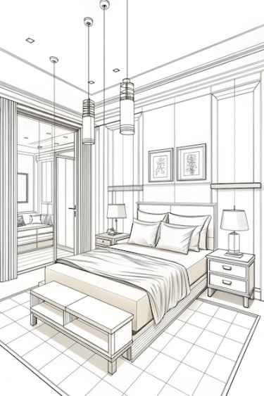 Bedroom furniture interior Room line sketch drawing Home Indoor