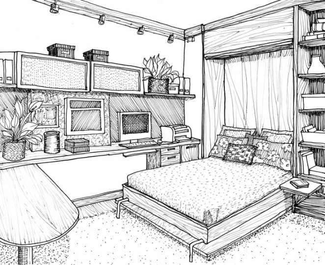 Bedroom Interior Design Drawing Sketch Coloring Page