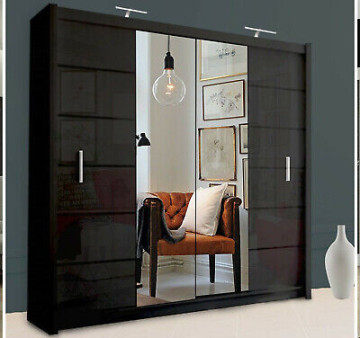 Black Double Sliding Door Wardrobe Modern Center Mirror NCBLISBON SIZES  Bedroom  eBay