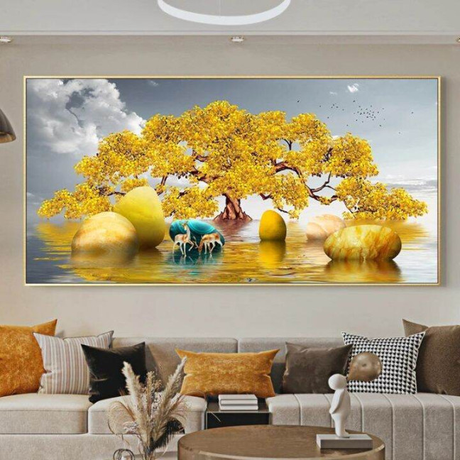 Chinese Feng Shui Golden Rich Tree Canvas Painting Wall Art Deer