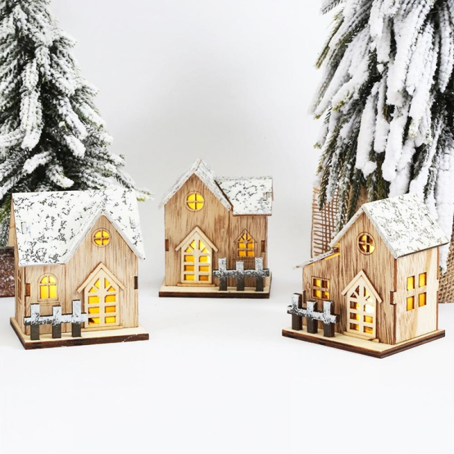 Christmas Wood Village LED Luminous House Village Christmas Scene Christmas  Decorations Light Xmas Desktop Ornament Holiday Home Decor