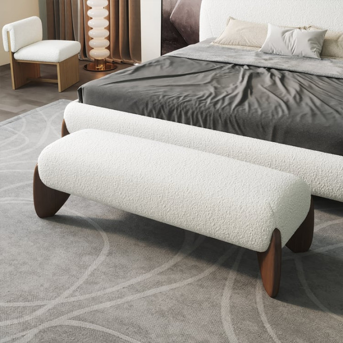 Curva Modern White Boucle Bedroom Bench Upholstered Long Bench with Wood  Legs  Homary