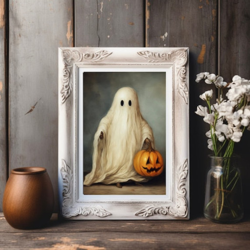 Cute Halloween Wall Art Print Ghost and Pumpkin, Ghost Home Decor