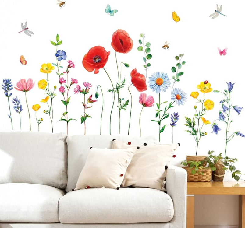 DECOWALL SG- Wild Flower Wall Stickers Floral Plant Butterfly Decals  Removable for Nursery Bedroom Living Room Art Home Decor murals Decoration