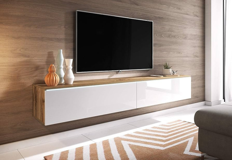 Donna TV Cabinet, Width  cm, TV Lowboard, Standing or Hanging, TV  Cabinet for the Living Room, Laminated Chipboard, Modern Style, Wotan Oak /  High