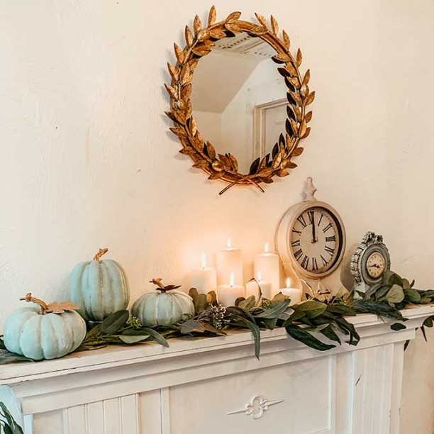 Fall Mantel Decor with Chalk Painted Pumpkins – Hallstrom Home