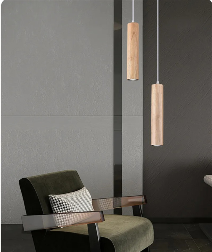 Frejre Minimalist Wood Long Tube Hanging Pendant Light  Screed