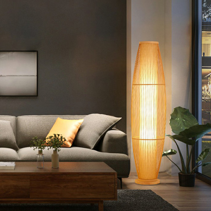 -Head Living Room Floor Light Modern Wood Standing Lamp with Oval Bamboo  Cage Shade