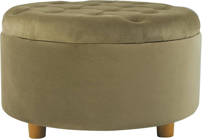 HomePop Home Decor  Large Button Tufted Velvet Round Storage Ottoman   Ottoman with Storage for Living Room & Bedroom, Light Sage Green Velvet :