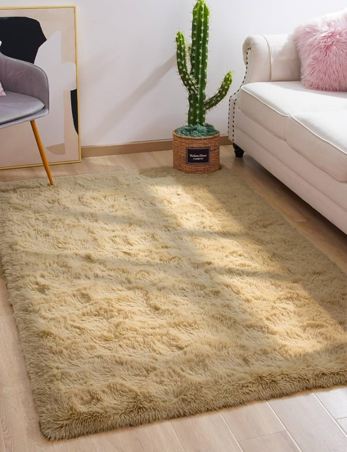 Macgace Fluffy Area Rugs for Bedroom Decor Aesthetic, x Beige Shag Rug  with Non-Slip Dots for Living Room, Fuzzy Plush Carpet Washable Rug Modern