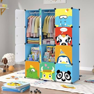 MAGINELS Kids Closet,Baby Wardrobe Closet with Door,Cute Portable Armoire  Dresser,Clothes Hanging Storage Rack for Boy Bedroom,Blue,  Cube(xinch)