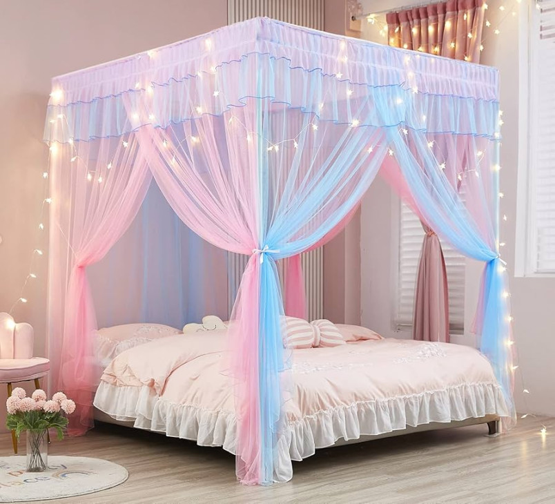 Mengersi Rainbow Canopy Bed Curtains with Lights - Princess Bed Canopy for  Girls - Bed Drapes Netting- Bedroom Decoration Accessories,Queen :