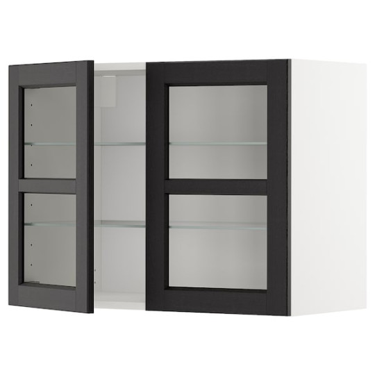 METOD Wall cabinet w shelves/ glass drs - white/Lerhyttan black stained  xx cm