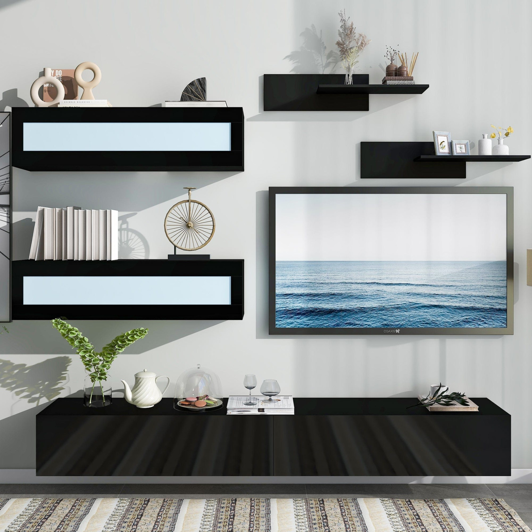 Modern Black Floating TV Wall Unit with Storage – Mattress Xperts