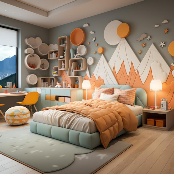 Modern child bedroom interior design in house with decoration