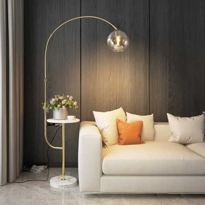 Modern Gold Arc Floor Lamp for Living Room with Shelf & Wireless