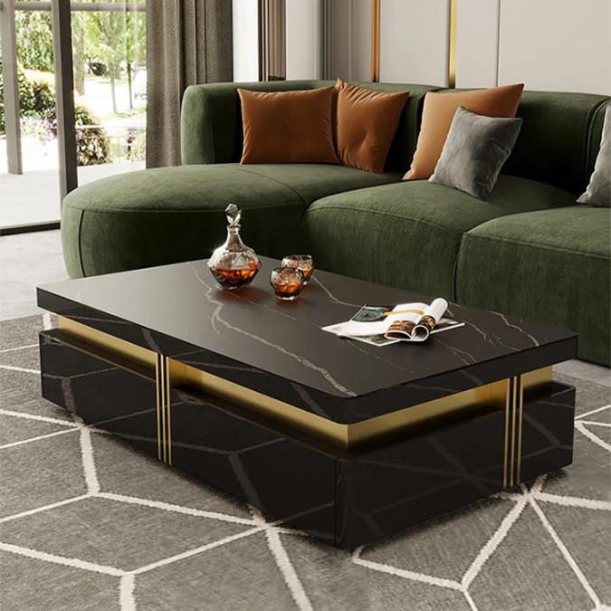 Modern mm Black Rectangular Stone Coffee Table with Storage