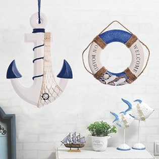 Pack " Nautical Beach Wooden Ship Anchor and  " Nautical Life Ring  Wall Beach Decor , Nautical Theme Home Decoration (Dark Blue) : Amazon