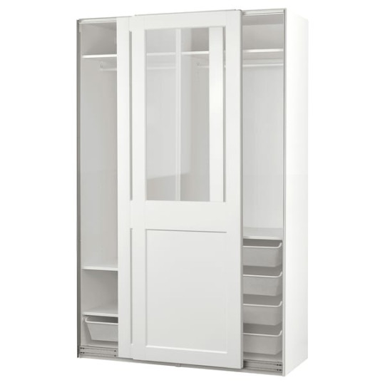 PAX / GRIMO wardrobe with sliding doors, white/clear glass white