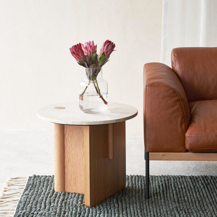 Pivot Side Table  Travertine with Oak Base (cm)