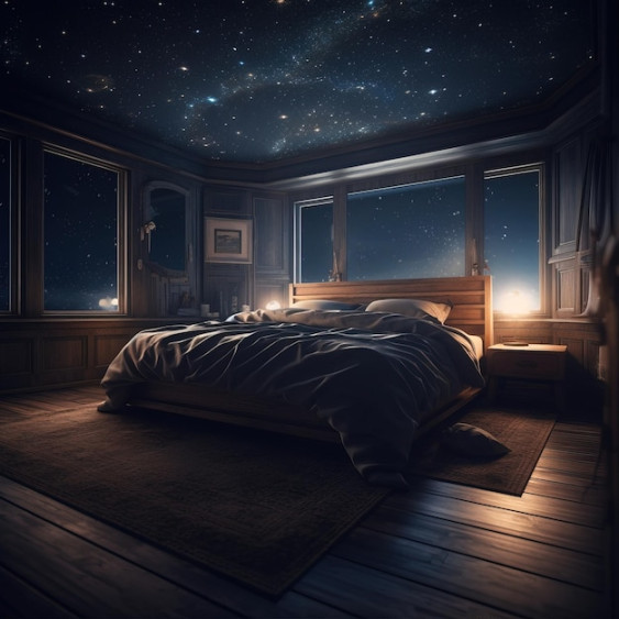 Premium Photo  A bedroom with a starry sky and a bed with a bed