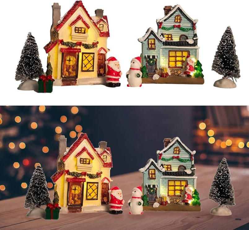 QPURP Christmas Village House,Lighted Christmas Village Houses Set,Resin  Christmas House Indoor Decorations,Village Collectable Figurine for  Christmas