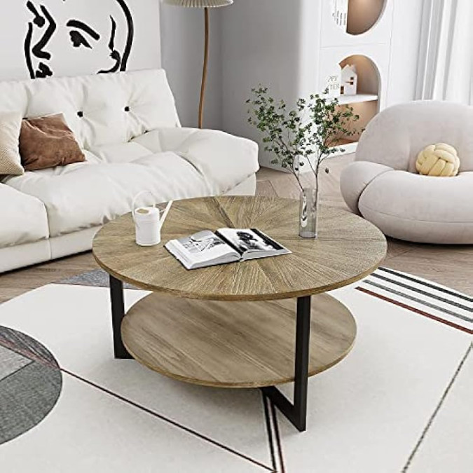 Round Coffee Table with Storage Shelf,