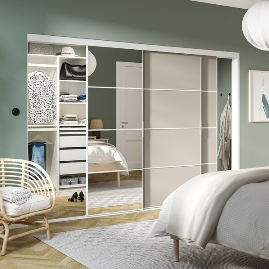 SKYTTA / PAX Walk-in wardrobe with sliding doors - white  Mehamn/Auli/grey-beige mirror glass xx cm