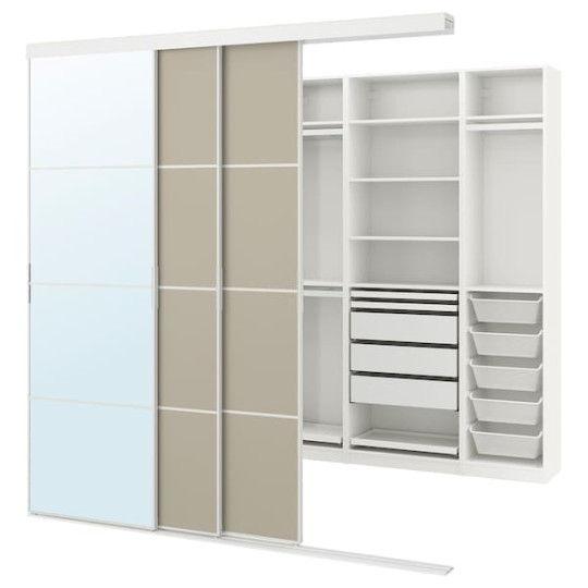 SKYTTA / PAX Walk-in wardrobe with sliding doors - white  Mehamn/Auli/grey-beige mirror glass xx cm