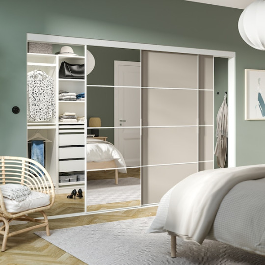 SKYTTA / PAX Walk-in wardrobe with sliding doors - white  Mehamn/Auli/grey-beige mirror glass xx cm