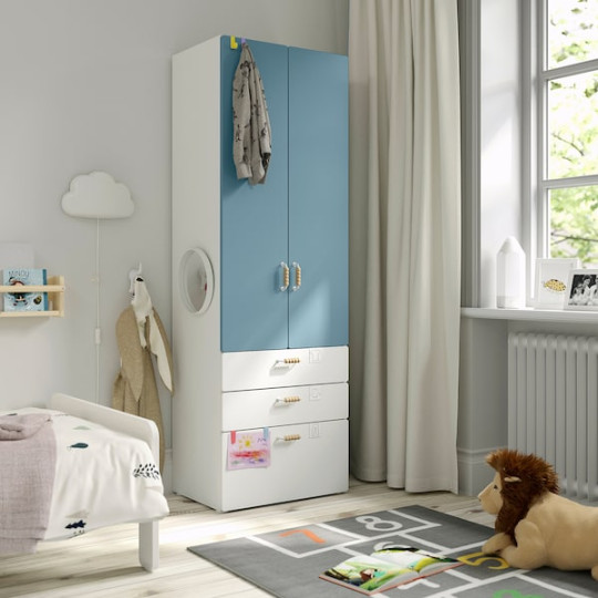 SMÅSTAD / PLATSA wardrobe, white blue/with  drawers, xx cm