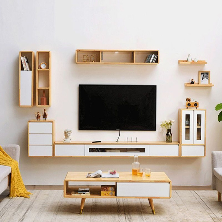 Solid wood wall mounted TV cabinet, suspended living room, bedroom, small  apartment, simple wall suspended, narrow design