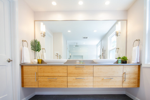 Stunning Bamboo Double Vanity Paired with White Vessel Sinks