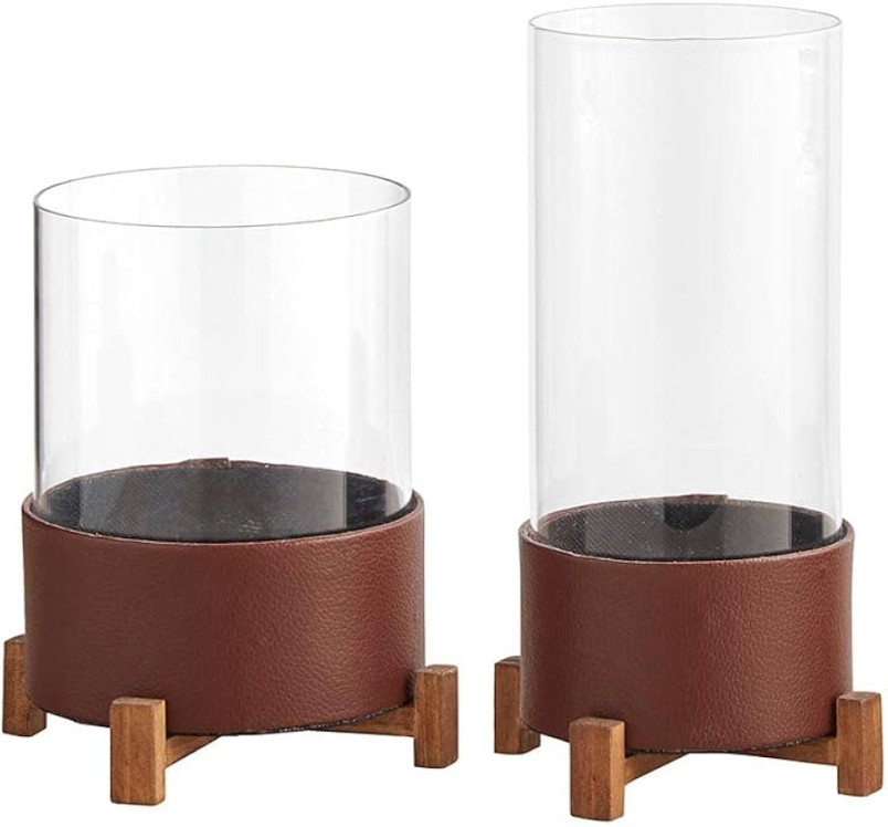 th & Main Cylinder Glass Faux Leather Cuff Flower Vase for Home