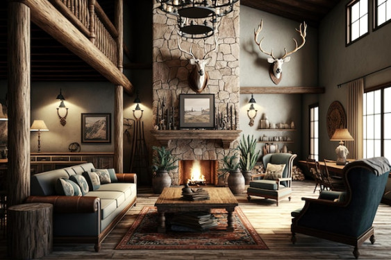 The interior of a living room designed in a hunting style The