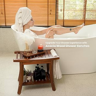 Tinamo Acacia Wood Shower Benches for Inside Shower - Wooden Shower Stool  Waterproof for Shaving Legs - Bench Seat with Storage Towel Shelf for