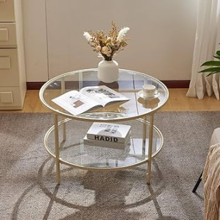 VINGLI Glass Coffee Table, " Round Coffee Table, Transparent Glass Coffee  Tables for Living Room, -Tier Coffee Table with Storage, Modern Center