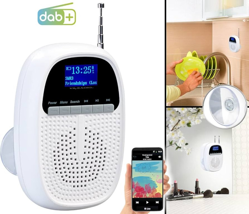 VR-Radio Badezimmer Radio mit Uhr: Badezimmer-Akku-Radio mit DAB+/