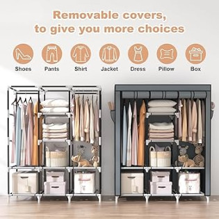 VTRIN Portable Closet Wardrobe for Hanging Clothes with  Hanging Rods and   Storage Organizer Shelves,Sturdy Large Wardrobe Closet for Bedroom Free