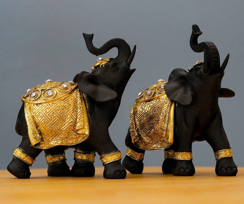 Wisifayardin Luck Elephant Decor Set with Trunks Up - Feng Shui Resin Black  and Golden Couple Elephant Figurines - Pair of Elephants Statue, Modern