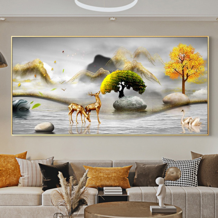 (With Frame)Chinese Feng Shui Golden Rich Tree Canvas Painting Wall Art  Deer Landscape Lucky Stone Posters Wall Art for Living Room Decor