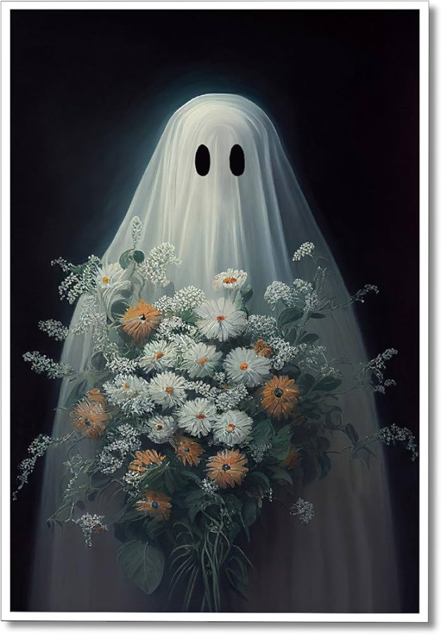 Wodkodnxy Halloween Ghost Canvas Wall Art, Funny Cute Ghosts Holding Flower  Poster, Dark Academia Spooky Room Decor Aesthetic, Gothic Art Print